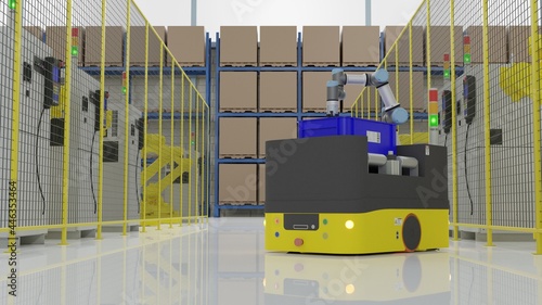 Factory 4.0 concept: The AGV (Automated guided vehicle) with universal robot is carrying parts in smart factory. 3D illustration photo