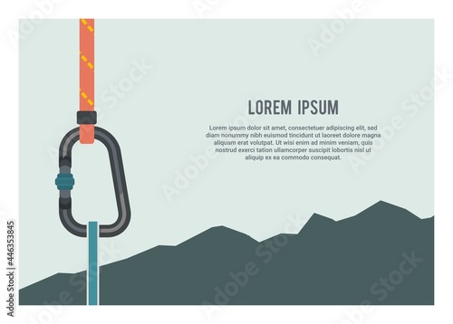 Carabiner and rope with mountain silhouette background photo