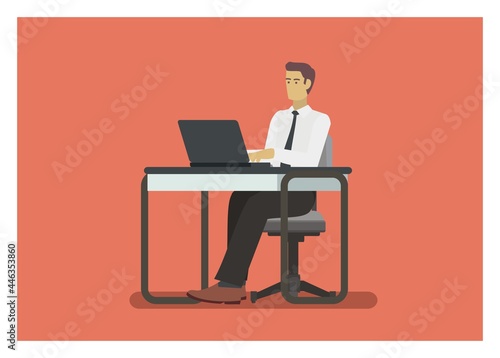 Male employee typing laptop, front view
