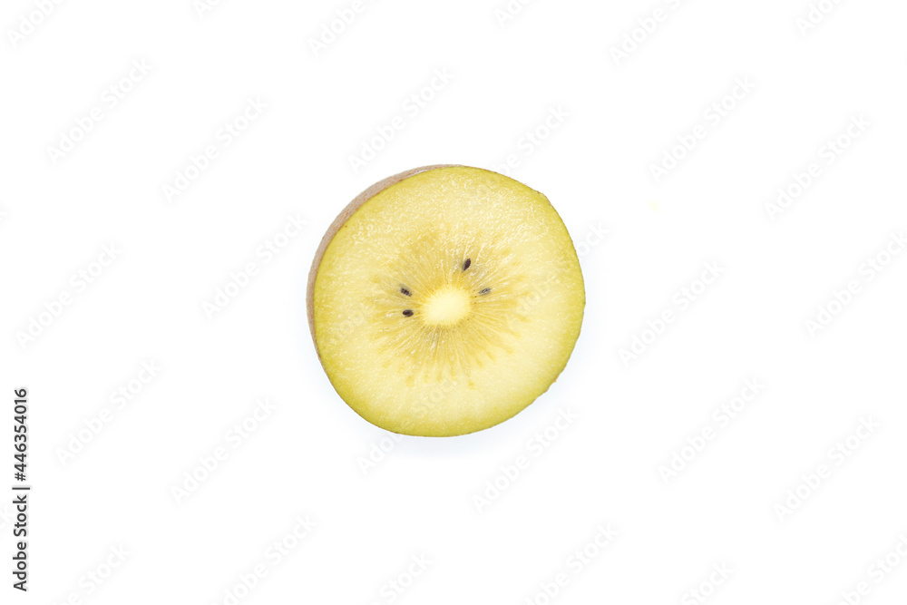 Kiwi fruit cut in half, showing the flesh in the upper corner, isolated on a white background. Kiwi fruit cut in half, showing the flesh in the upper corner, isolated on a white background.