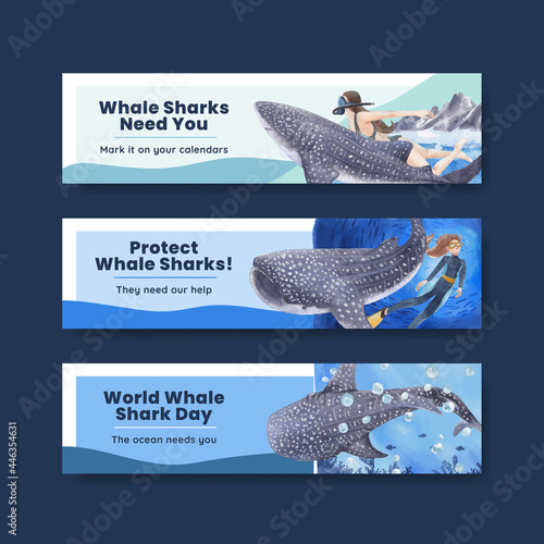 Banner template with international whale shark day concept,watercolor style photo