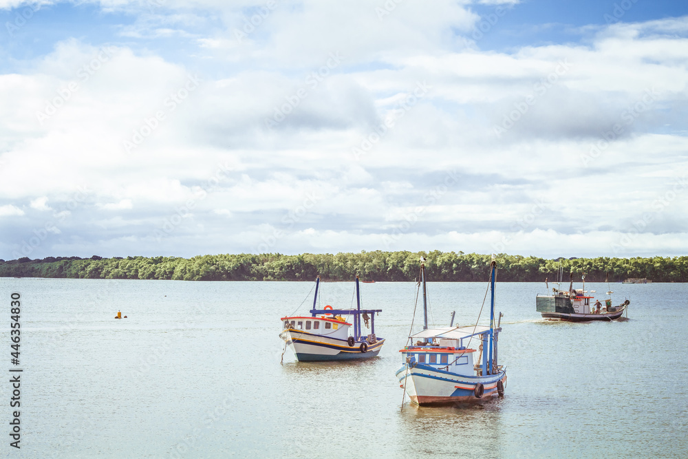 Fishing boats in the sea with the shore in the background, trees and clouds in the blue sky. Cananéia, São Paulo, Brazil. Fishing boats in the sea with the shore in the background, trees and clouds in the blue sky. Cananéia, São Paulo, Brazil.