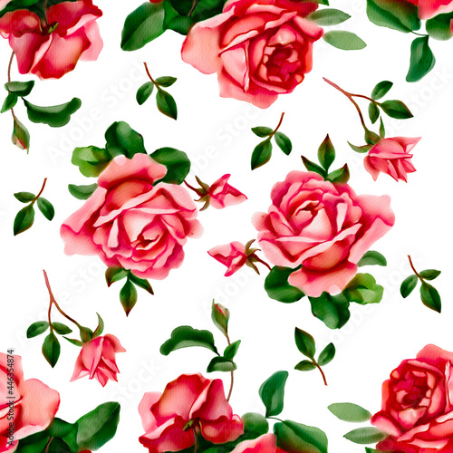 Vintage floral seamless pattern made of large roses. Watercolor painting with flower buds and leaves. Botanical illustration for fabric and textile.