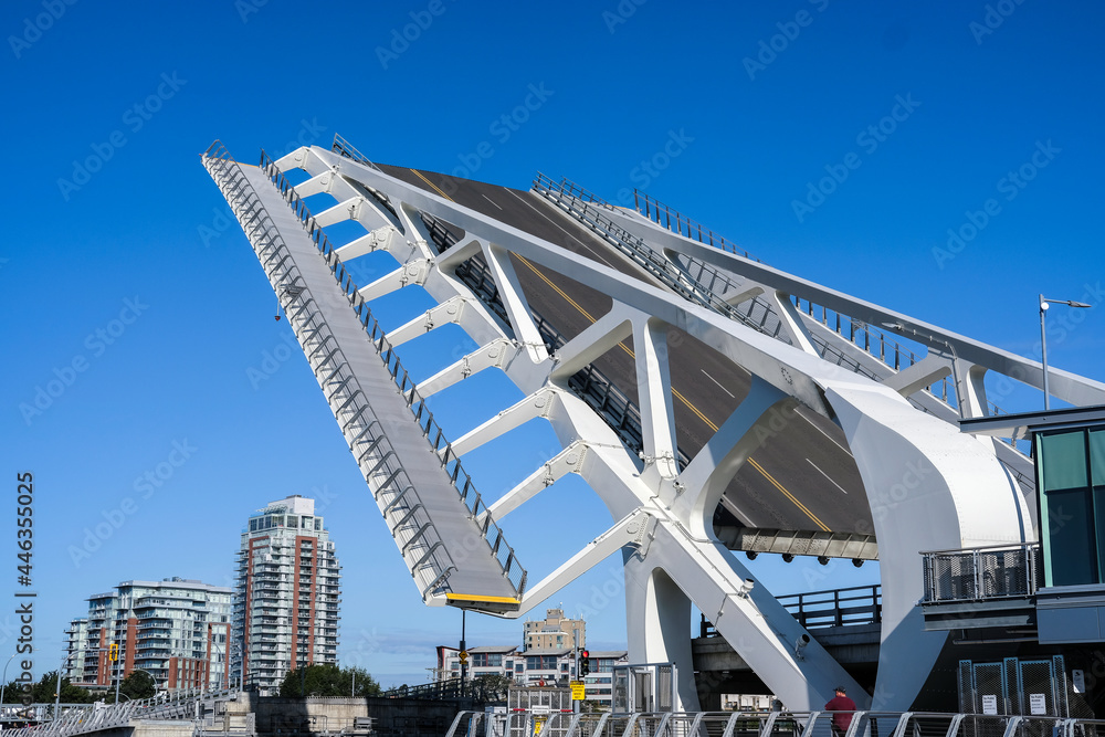 The Johnson Street Bridge in Victoria, BC in raised position. The Johnson Street Bridge in Victoria, BC in raised position.