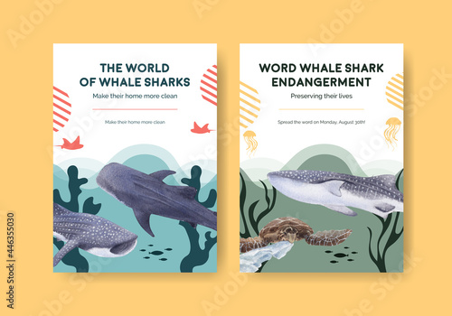 Poster template with international whale shark day concept,watercolor style