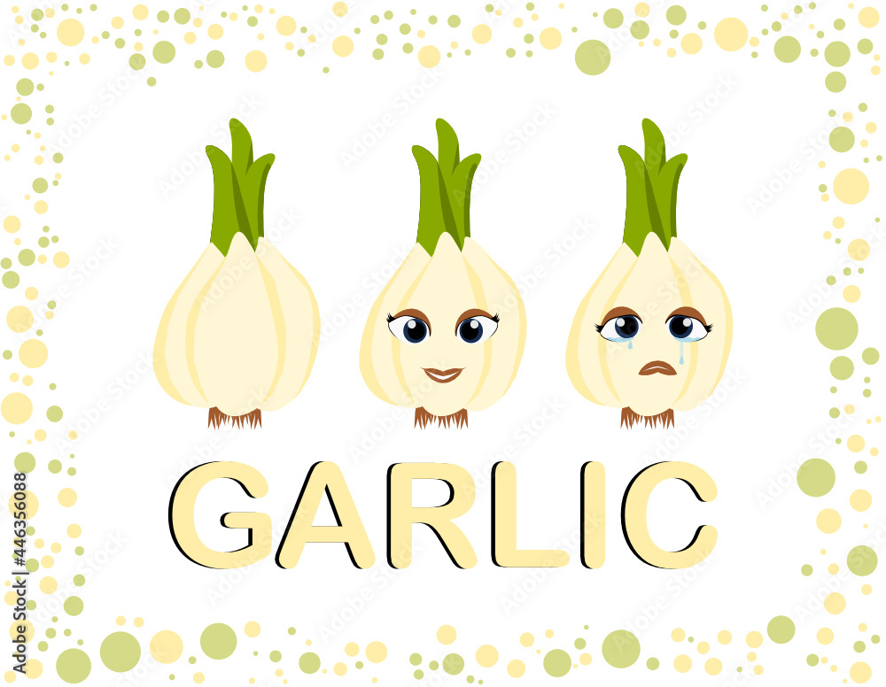 Attractive vegetable of vector card of garlic emoji set. This garlic