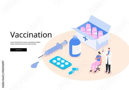 Covid-19 vaccine. Doctor makes an injection of flu vaccine to woman in hospital. People immunity and virus protection. Vaccination concept vector illustration isometric style.