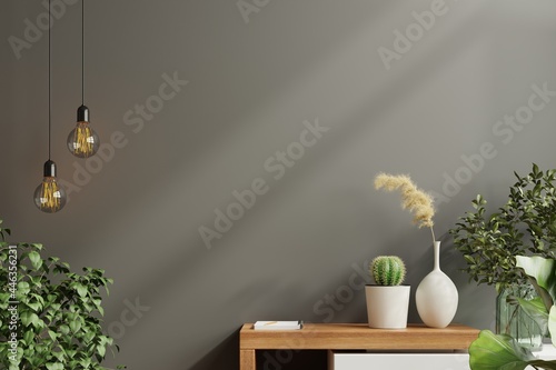 Mockup wall with green plant,Black wall and shelf.