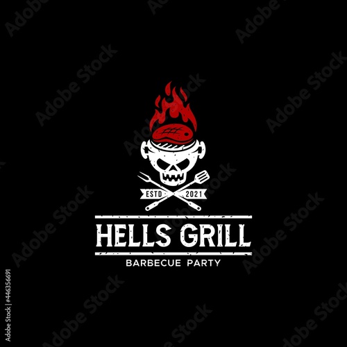 Hells grill skull barbecue party vintage logo premium vector