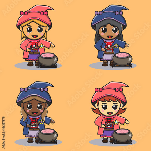 Vector illustration of mystical girls use magic on couldron. Cute magic girls. Halloween magic collection. Vector illustration for kids.