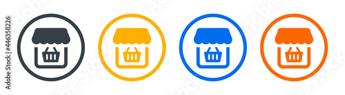 Online market icon sign. Shop, retail, grocery, store, supermarket icon on circle design.