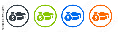 Graduation hat with money bag icon, containing as tuition fee, scholarship symbol, loan on education, university price concept.