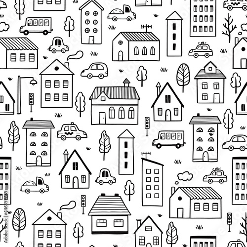 House pattern. Doodle sketch style seamless background. Hand drawn home with roof vector illustration for texture, print.