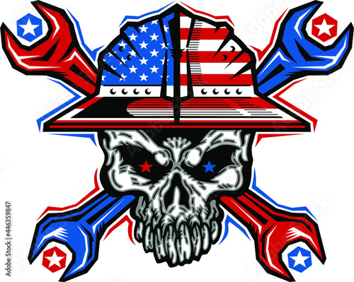 patriotic oilfield roughneck skull logo with hard hat and crossed wrenches