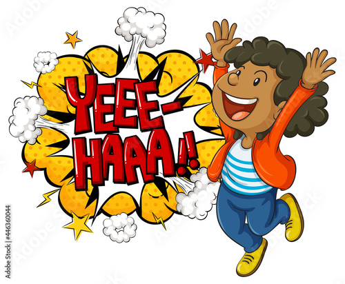 YEEE-HAAA word on bomb explosion with a boy cartoon character isolated
