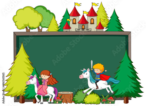 Empty chalkboard banner with fairy tale cartoon character and elements isolated