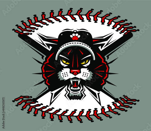 wildcat baseball team mascot with stitches and crossed bats for school  college or league
