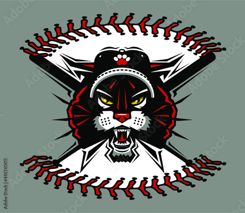 wildcat baseball team mascot with stitches and crossed bats for school, college or league
