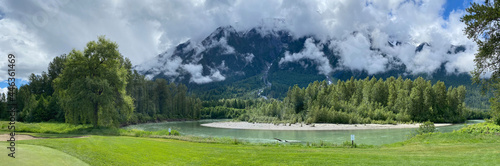 Panorama of a cloud covered Mt Currie and the Lillooet River