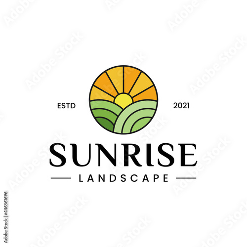 Vintage Retro Sunrise Landscape logo design. Sunset Sunshine Sunlight Scenery Nature Morning logo design