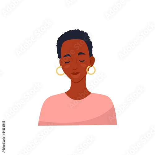 African woman with short haircut with closed eyes, vector illustration in flat style, cartoon.