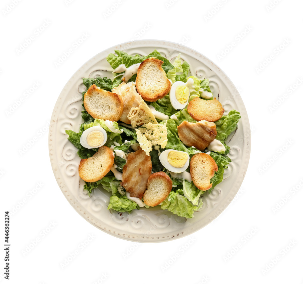 Plate with tasty Caesar salad on white background Plate with tasty Caesar salad on white background