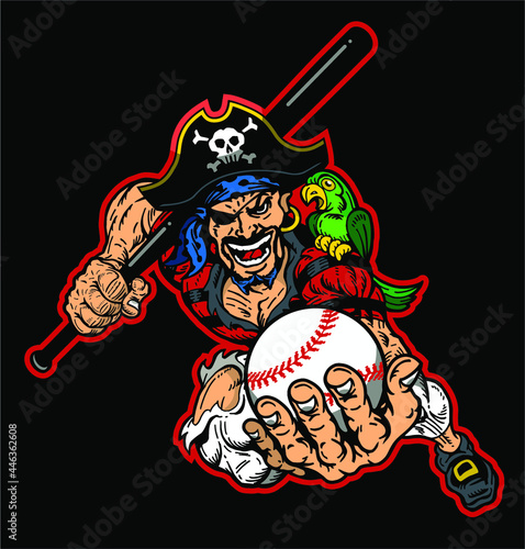 running pirate baseball mascot holding ball and bat for school, college or league