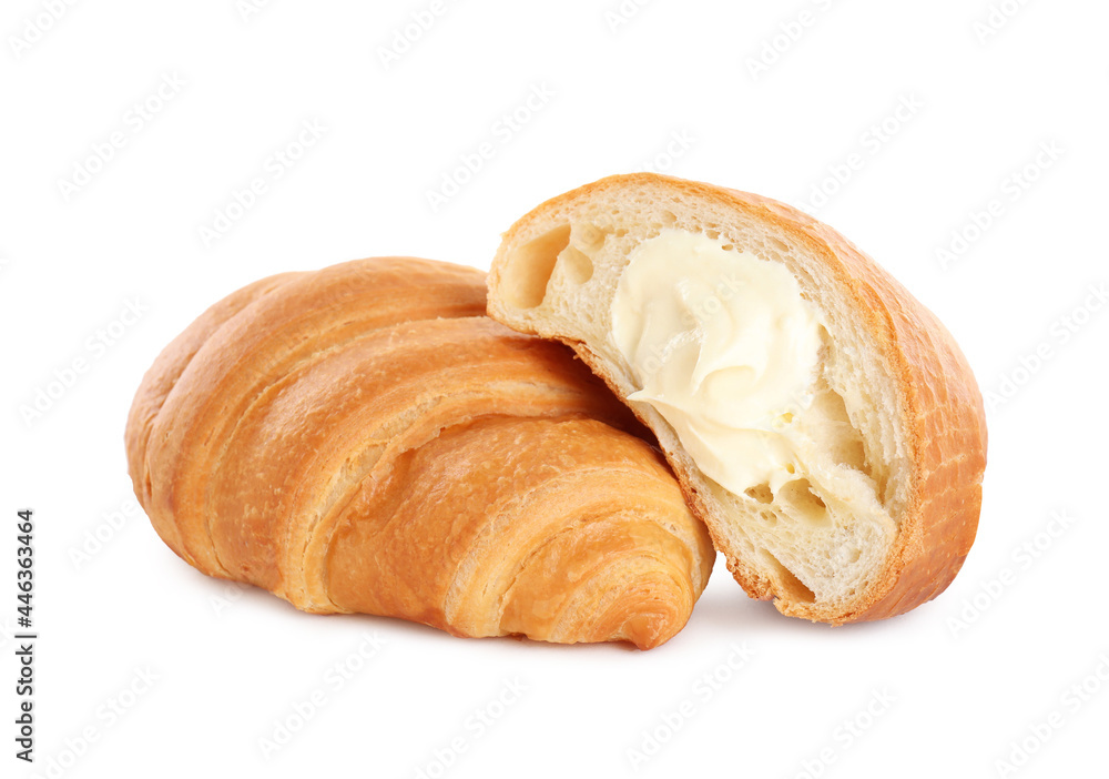 Delicious croissants with cream on white background Delicious croissants with cream on white background