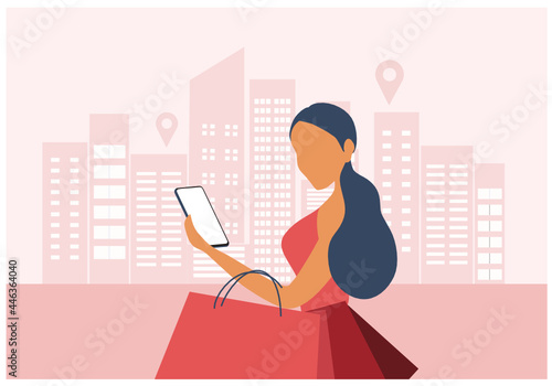 Online shopping concept, woman using mobile ordering shopping vector illration