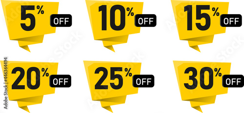  Discount tags set. Six yellow balloons. Sales and retail