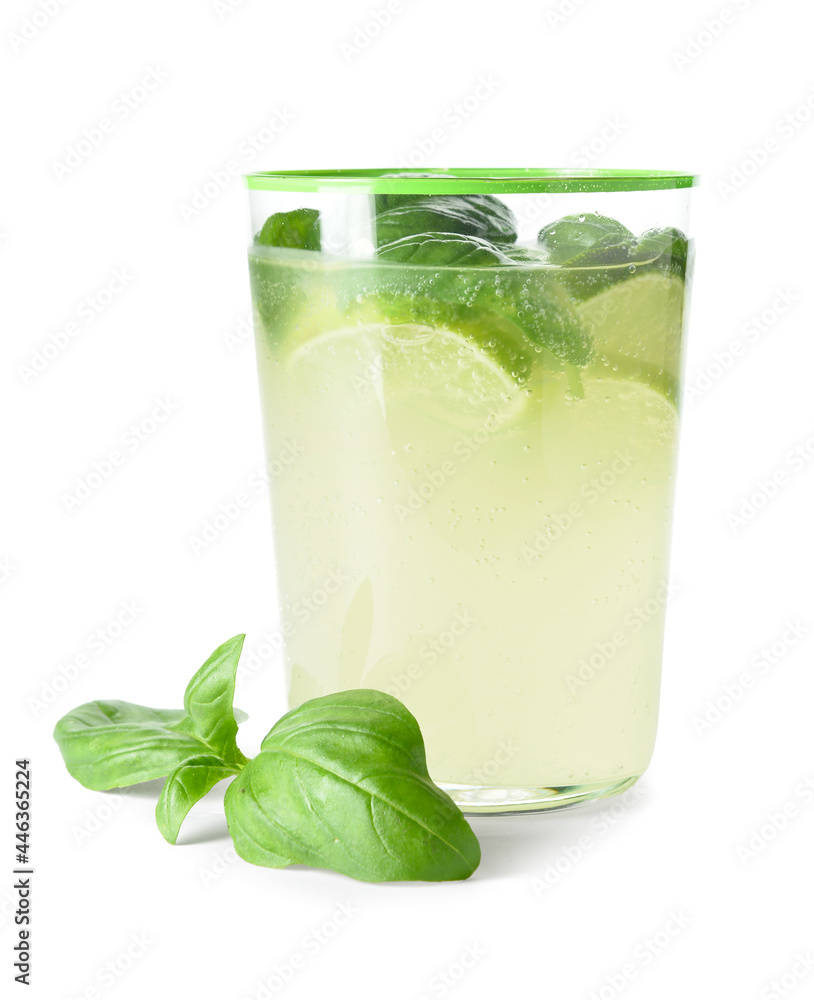 Glass of tasty lemonade with basil on white background Glass of tasty lemonade with basil on white background