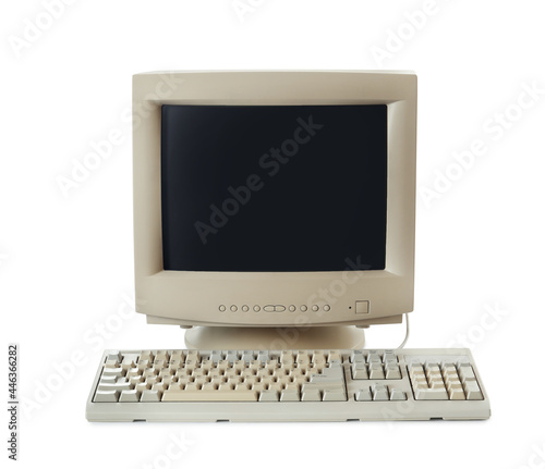Canvastavla Old computer monitor and keyboard on white background
