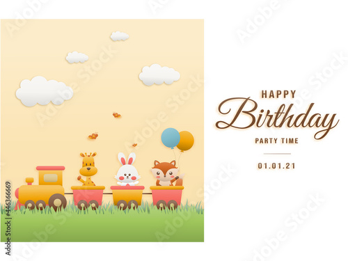 Cute hippo, cake and elephant on train birthday greeting card. jungle animals celebrate children's birthday and template invitation paper and papercraft style vector illustration.Theme happy birthday.