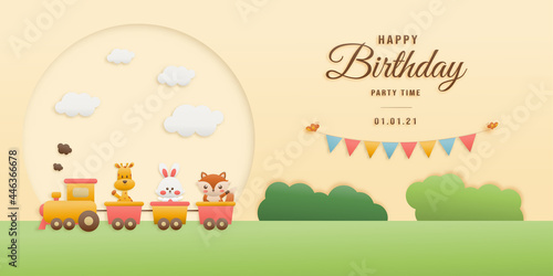 Cute hippo, cake and elephant on train birthday greeting card. jungle animals celebrate children's birthday and template invitation paper and papercraft style vector illustration.Theme happy birthday.