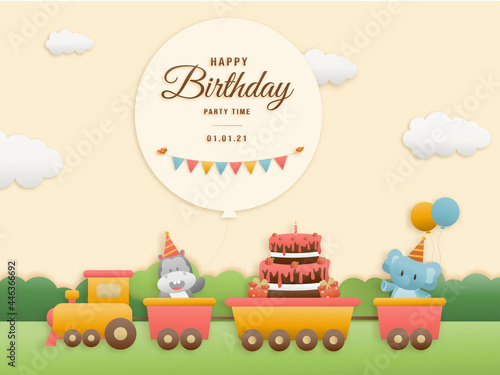 Cute hippo, cake and elephant on train birthday greeting card. jungle animals celebrate children's birthday and template invitation paper and papercraft style vector illustration.Theme happy birthday.