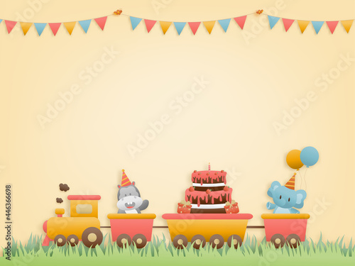 Cute hippo, cake and elephant on train birthday greeting card. jungle animals celebrate children's birthday and template invitation paper and papercraft style vector illustration.Theme happy birthday.