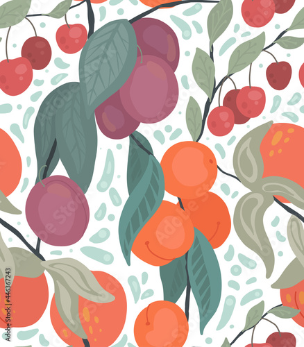Seamless flat texture with cherries, peaches, plums on branches with foliage on white background with doodle decoration. Cartoon pattern with gardening berries. Vector fabric with natural harvest