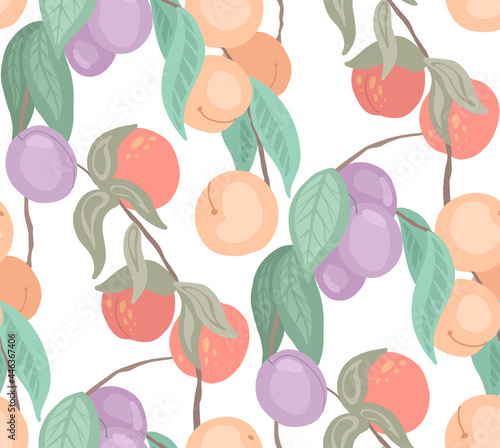 Seamless flat delicate texture with cherries, peaches, plums on branches with foliage on white background. Light cartoon pattern with berries on stems. Vector fabric with natural harvest