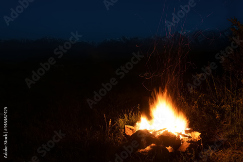 bonfire mountains flame sparks fire
