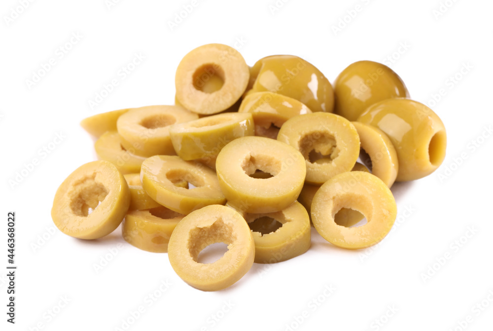 Cut fresh green olives on white background Cut fresh green olives on white background