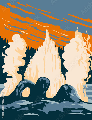 Grotto Geyser a Fountain Type Geyser Located in the Upper Geyser Basin in Yellowstone National Park Teton County Wyoming USA WPA Poster Art