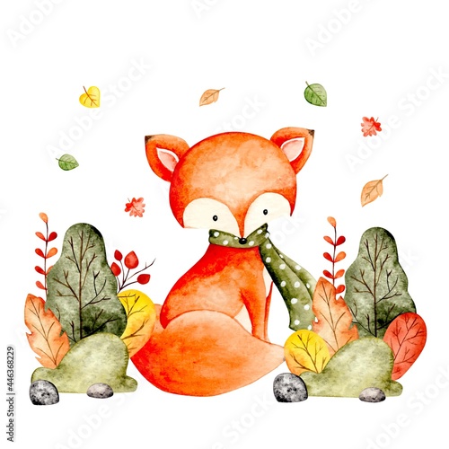Watercolor cute autumn fox and leaves