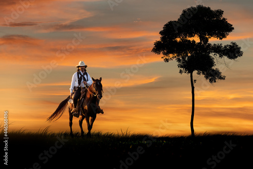 Cowboys wearing white shirt and hat horseback ride transport stand near silhouette at sunset time with beautiful sunlight ray sky background.