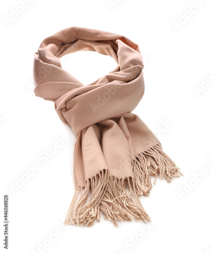 Beige scarf isolated on white. Stylish accessory photo