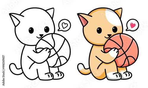 Fototapeta Naklejka Na Ścianę i Meble -  cat holding basketball coloring page for kids
