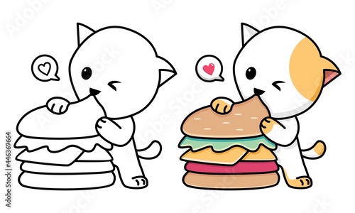 cat eating burger coloring page for kids