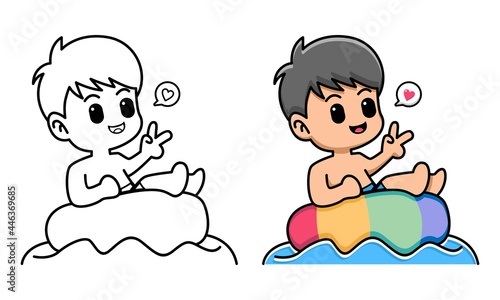 boy with swimming tires coloring page for kids