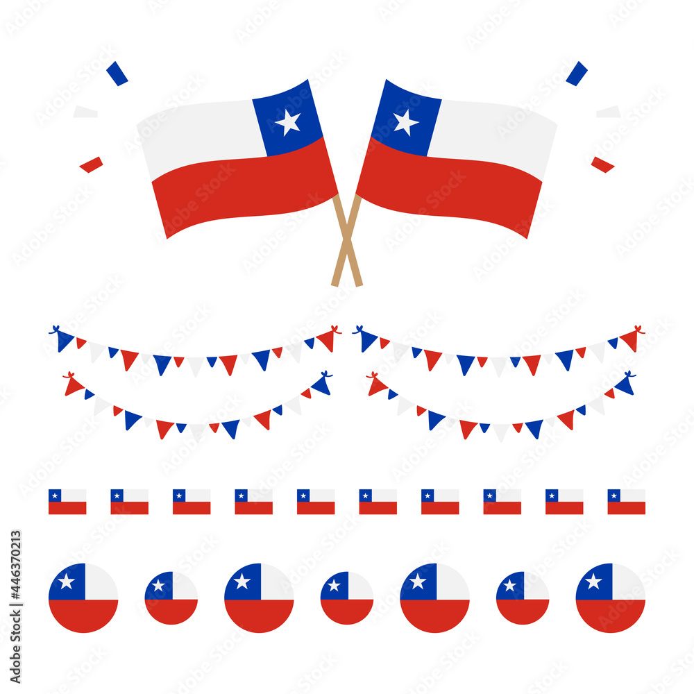 Set, collection of Chile flags and decorations for national and public holidays, Independence Day.
Set, collection of Chile flags and decorations for national and public holidays, Independence Day.