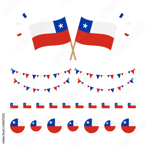 Set, collection of Chile flags and decorations for national and public holidays, Independence Day.
