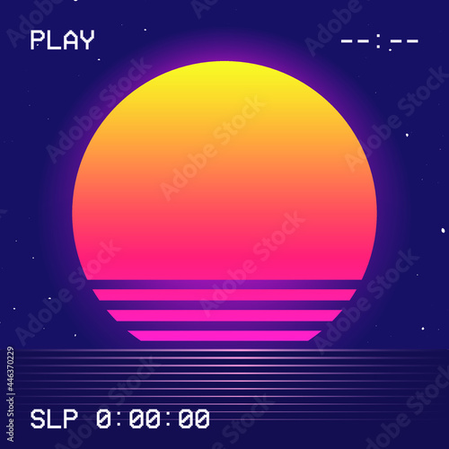80`s Retro sunset in VHS style. Retrowave, synthwave futuristic background with VCR elements. Template design for cyber or sci-fi abstract concept. Vector illustration